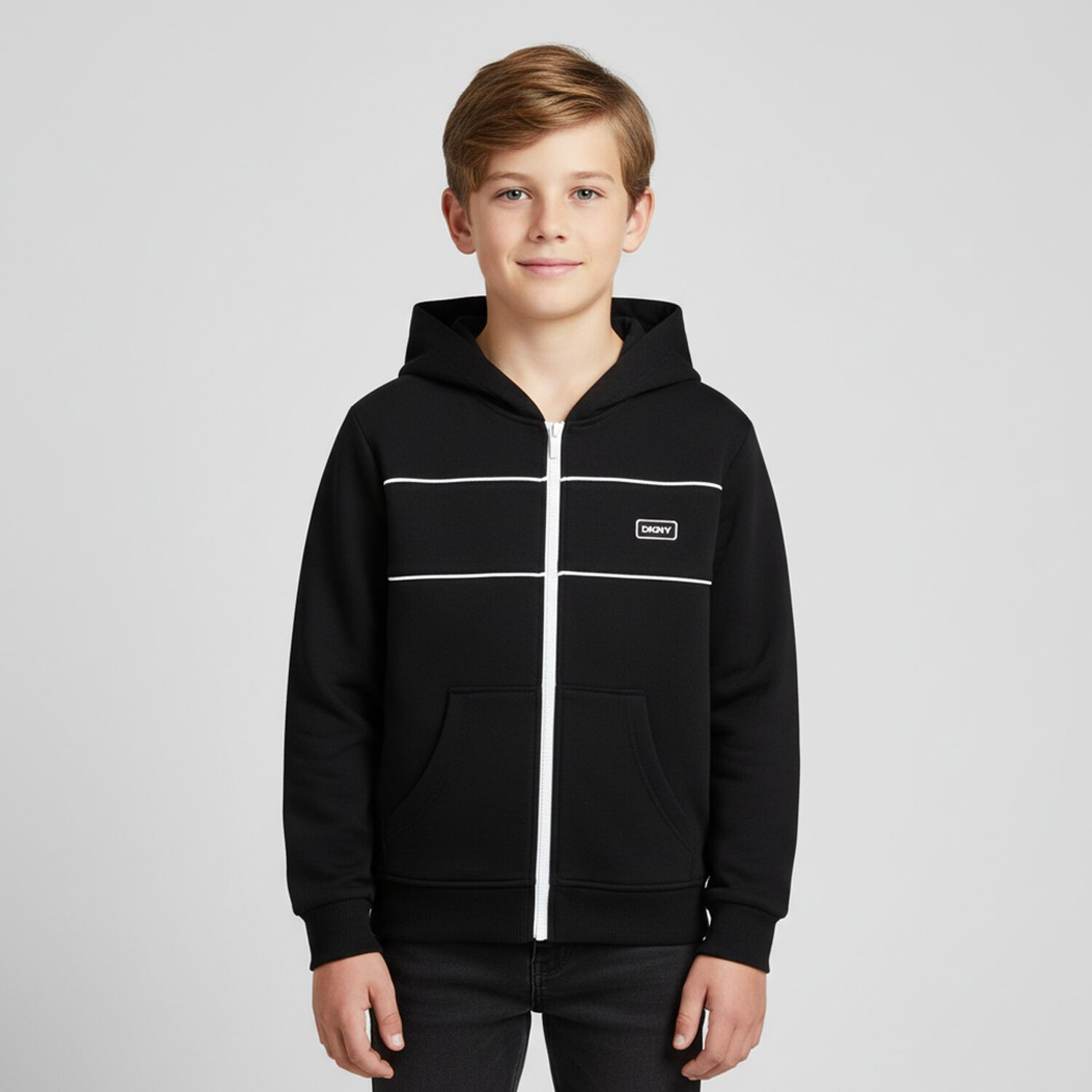 Boys Black Logo Hooded Zip Up Top, 1, hi-res image number null