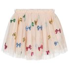 Girls Beige Bow Tulle Skirt, 1, hi-res