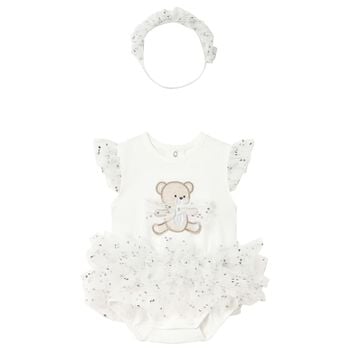 Baby Girls White Teddy Bear Bodysuit Dress Set