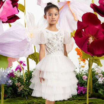 Girls White Embellished Tulle Dress