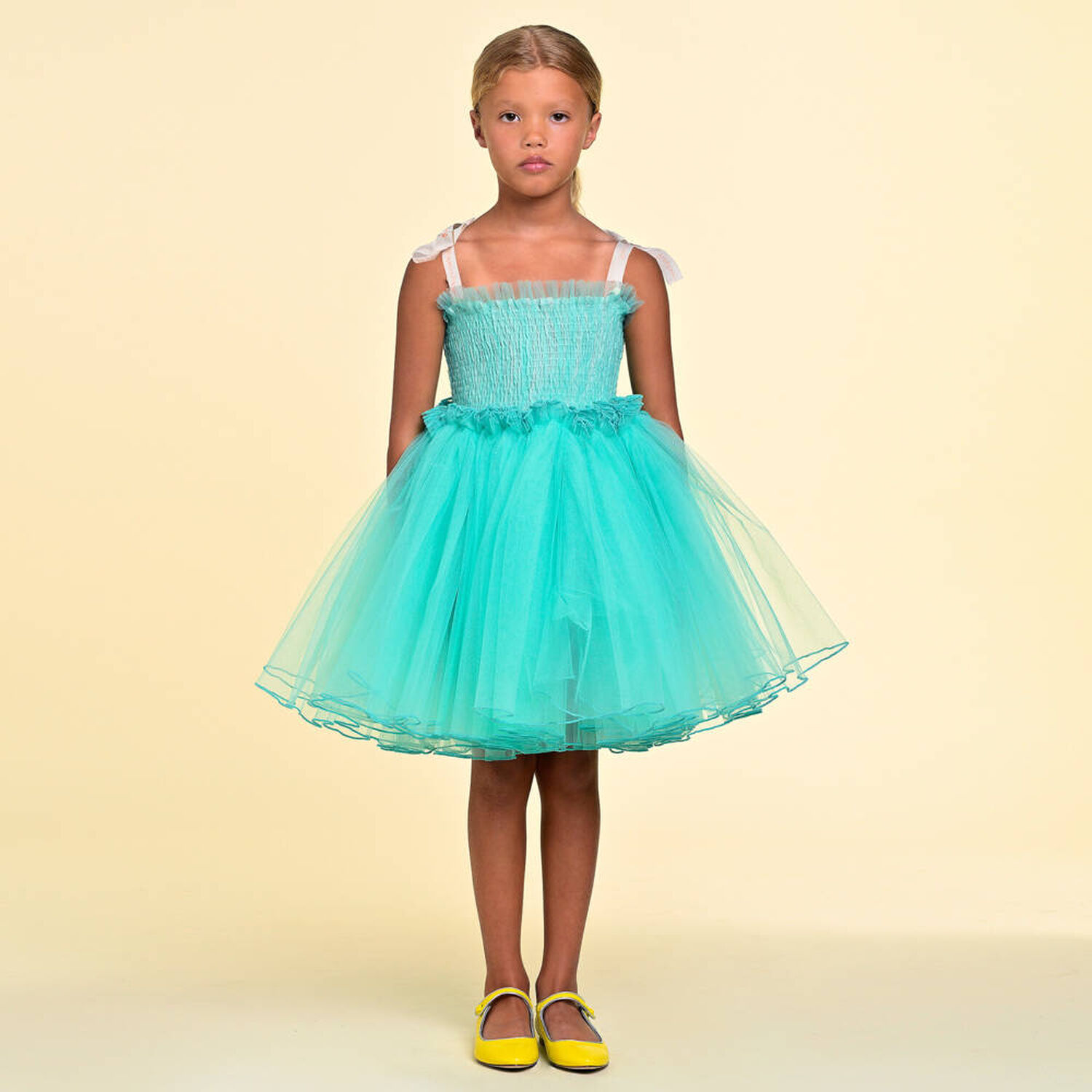 فستان تول مكشكش باللون الاخضر للبنات, 1, hi-res image number null