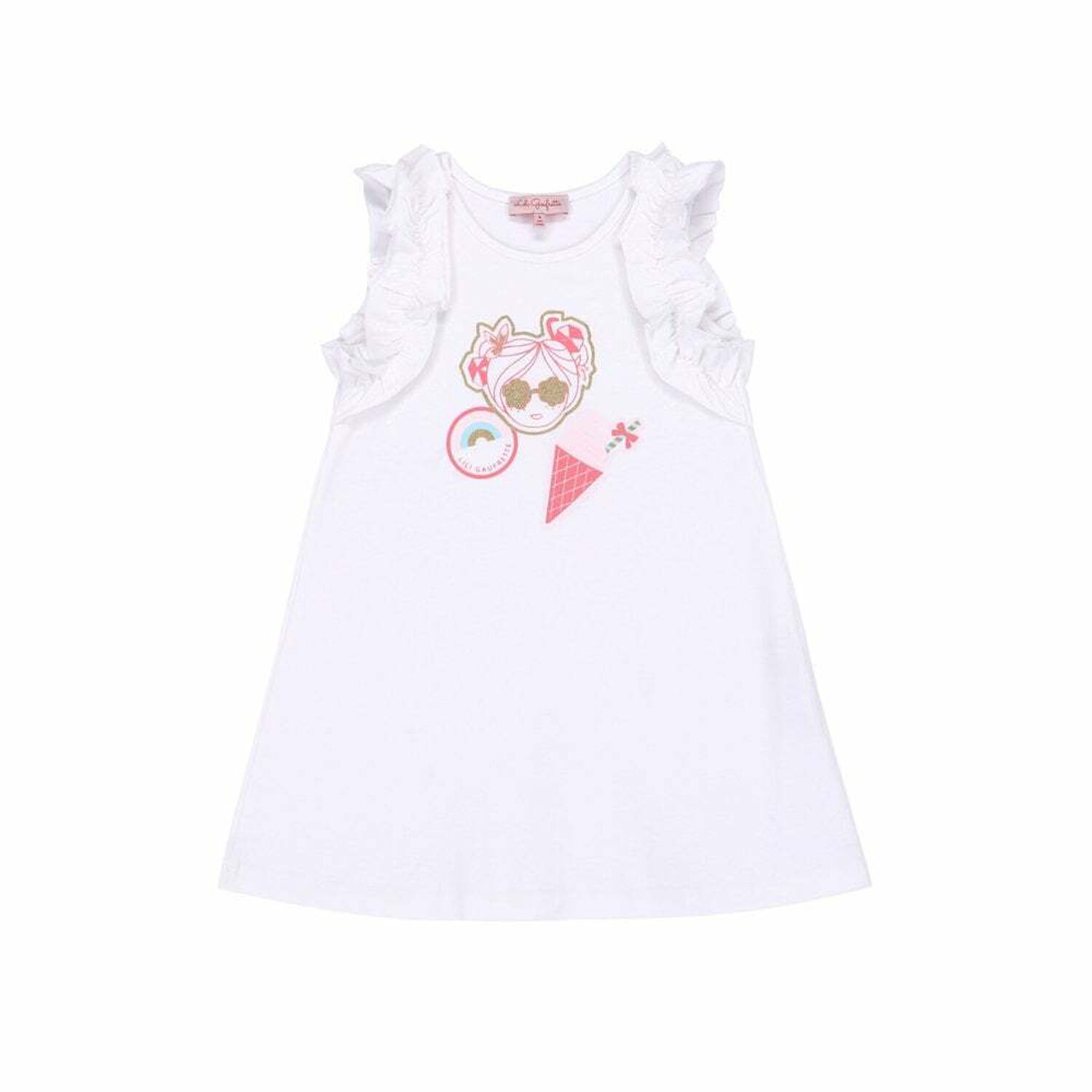 Younger Girls White Cotton Dress, 1, hi-res