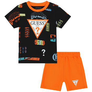 Younger Boys Black & Orange Logo Shorts Set