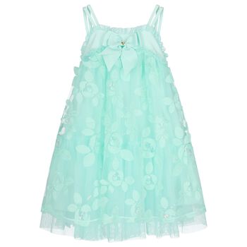 Girls Green Appliqued Tulle Dress