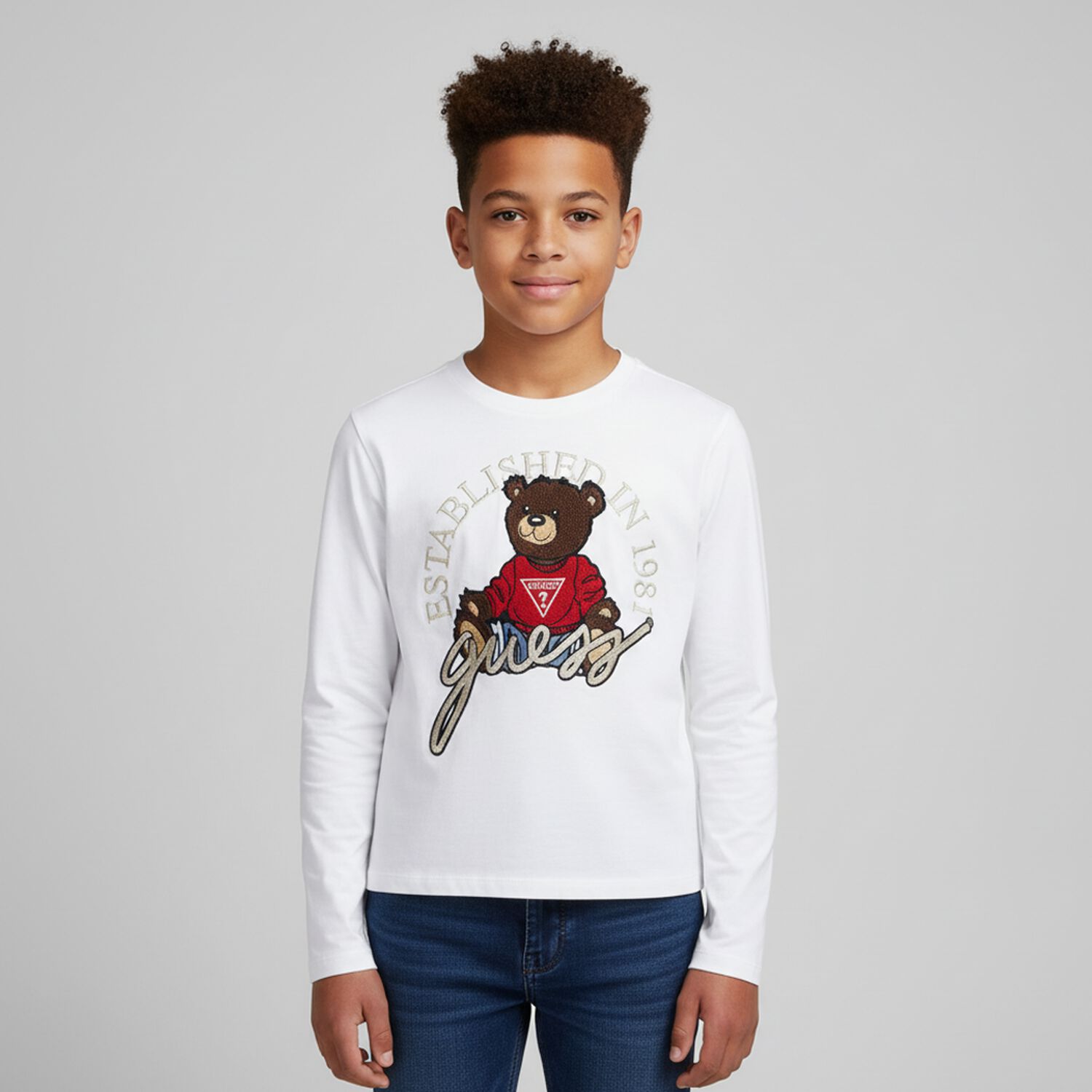 Boys White Teddy Bear Logo Long Sleeve Top, 1, hi-res image number null