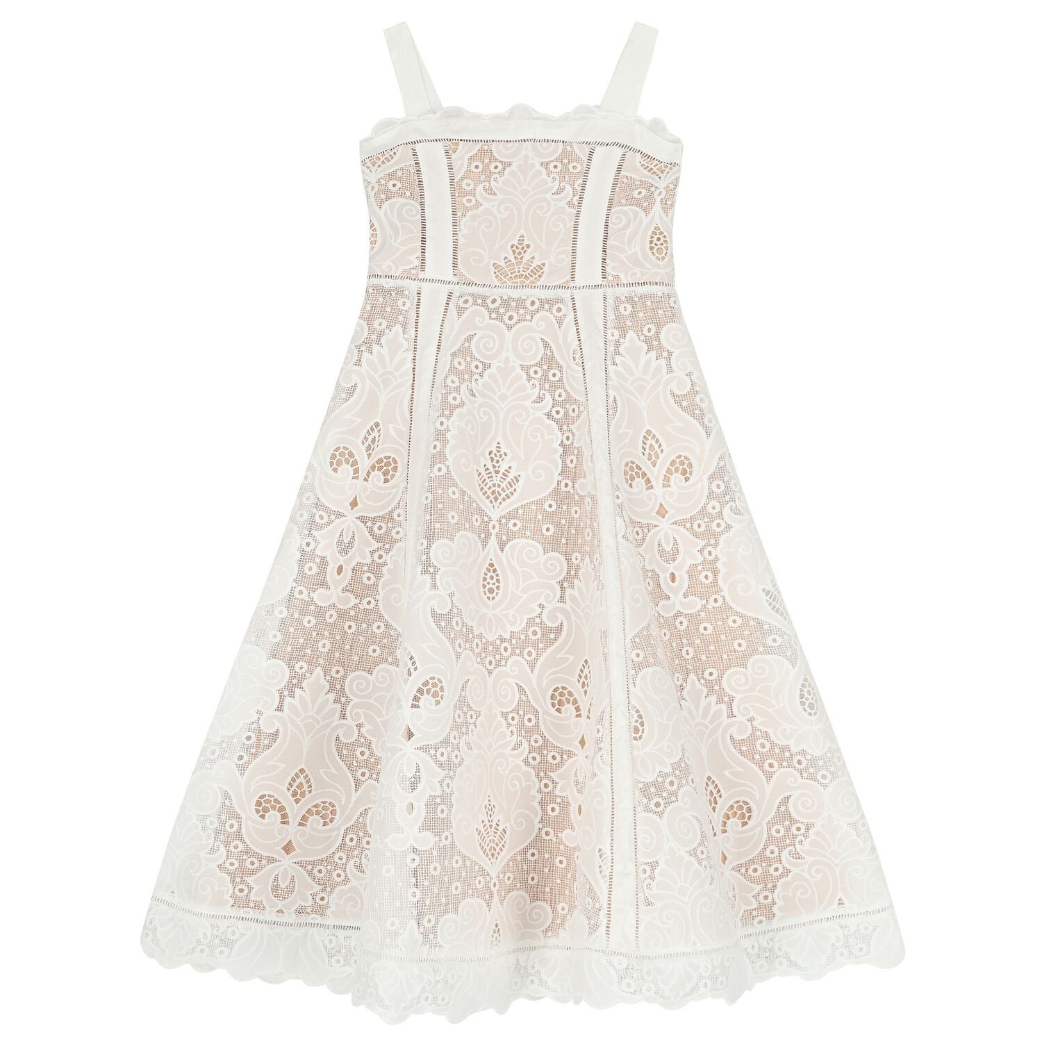 Girls White & Beige Lace Dress, 1, hi-res
