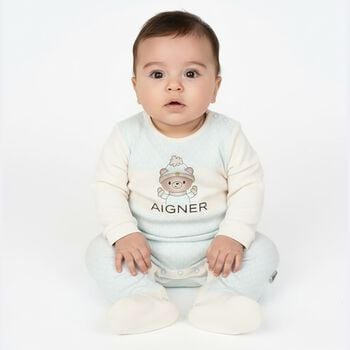 Baby Boys Ivory & Blue Teddy Bear Logo Babygrow