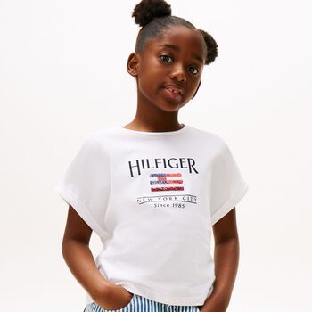 تي شيرت بناتي أبيض قطني بعلم مزين بالترتر