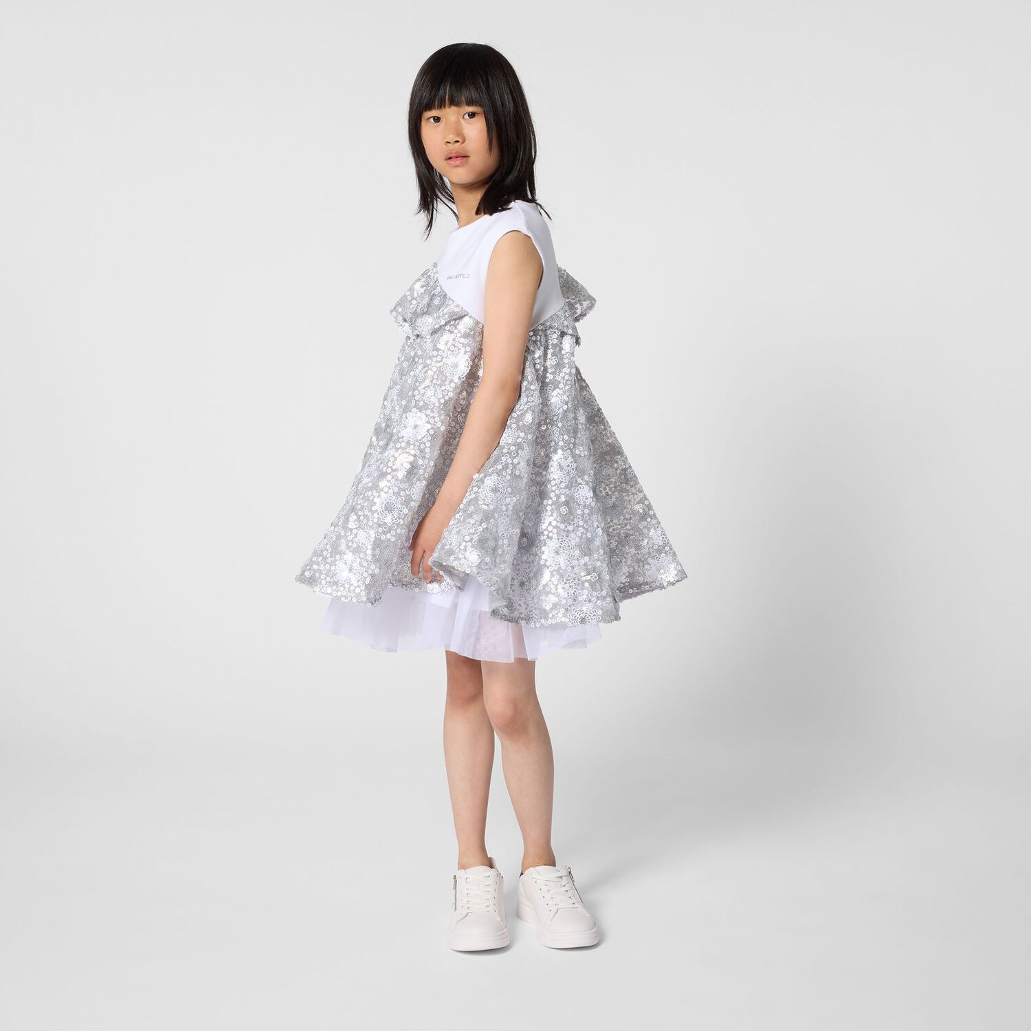 Girls White & Silver Logo Sequinned Organza Dress , 1, hi-res