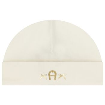 قبعه بنات بالشعار باللون العاجى والذهبي 