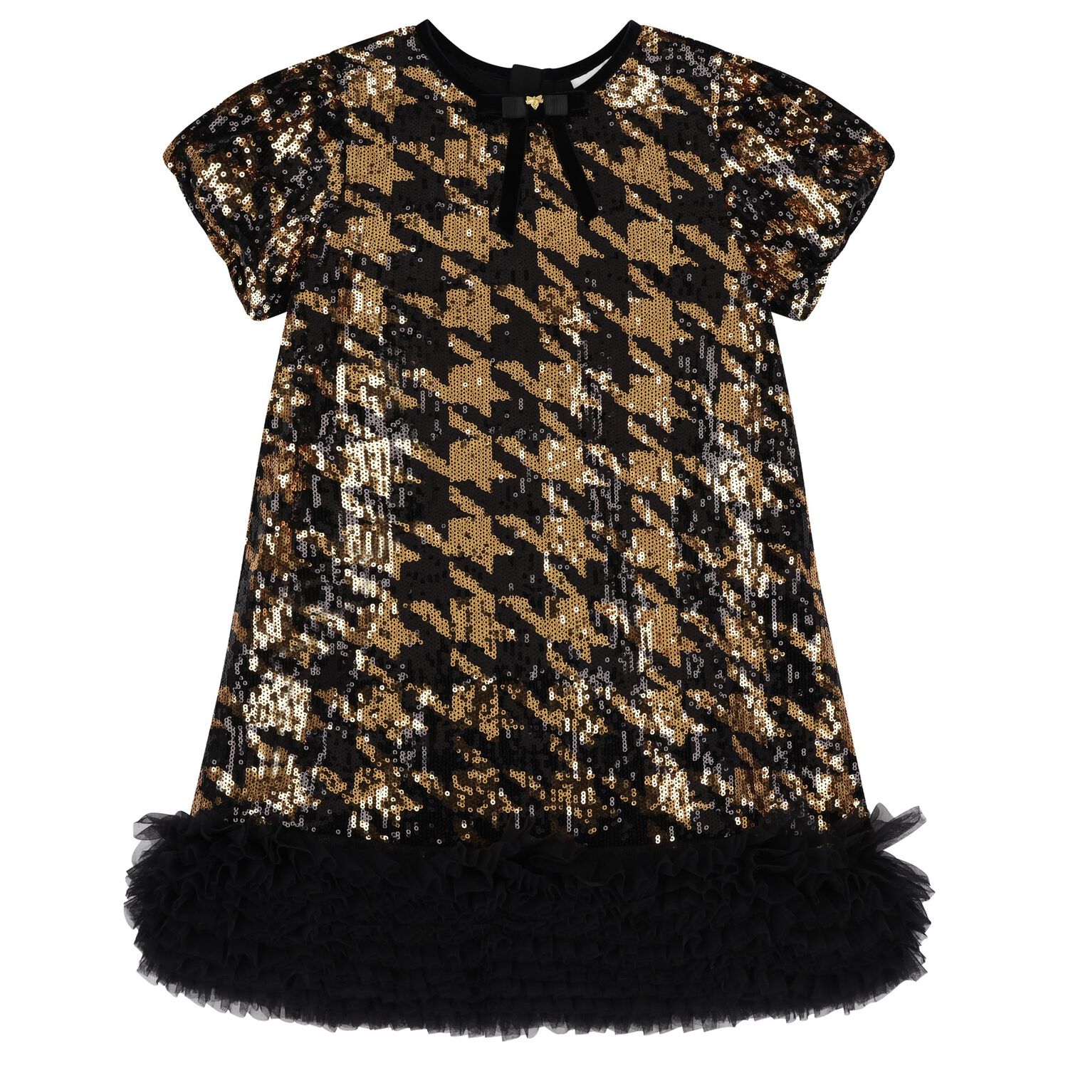 Girls Black & Gold Embellished Houndstooth Tulle Dress, 1, hi-res