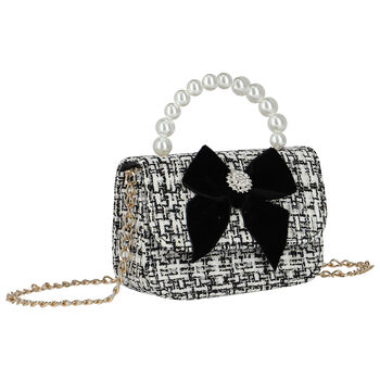 Girls Ivory & Black Tweed Bow Bag