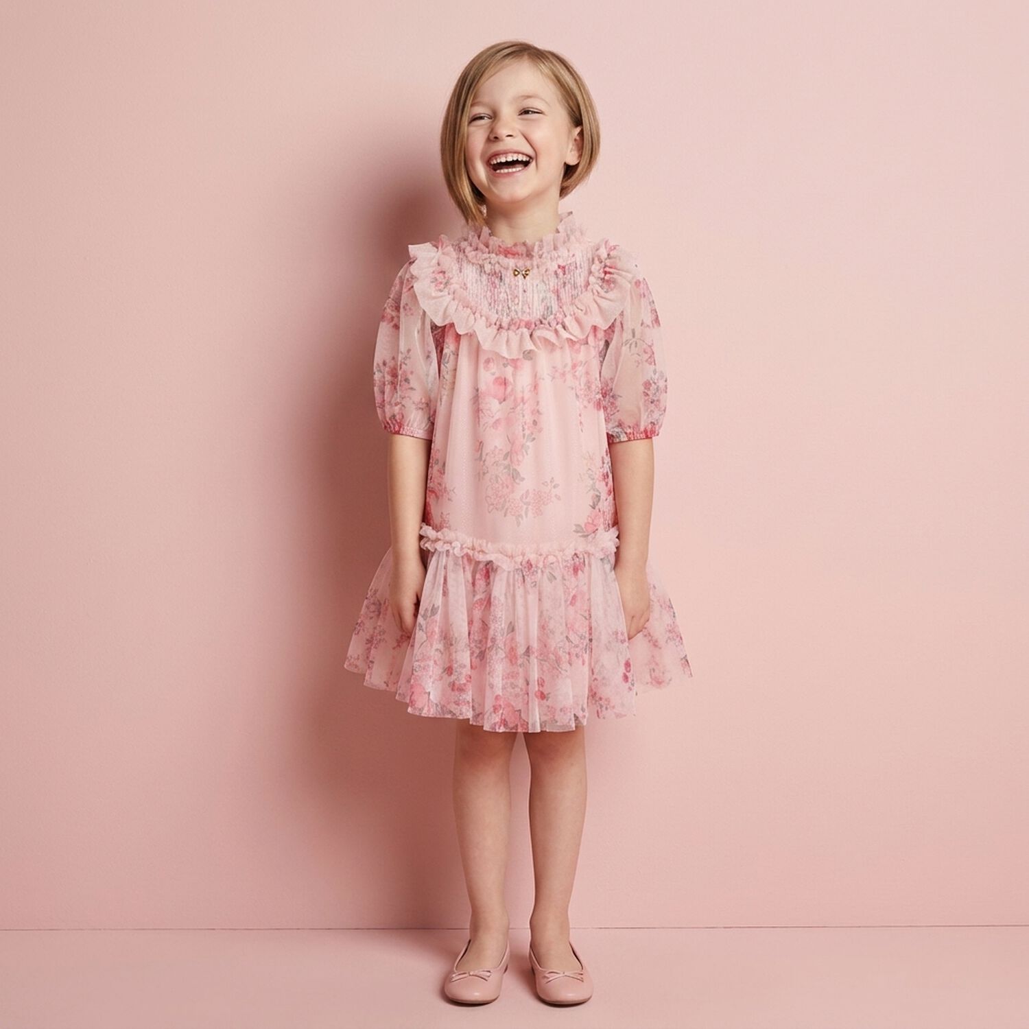 Girls Pink Floral Tulle Dress, 1, hi-res