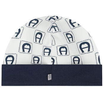 Baby Boys White & Navy Blue Logo Baby Hat