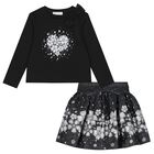 Girls Black Embellished Floral Skirt Set, 2, hi-res