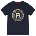 تي شيرت للأولاد بشعار باللون الأزرق الداكن والذهبي, 2, hi-res