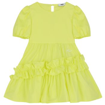 فستان بنات بوبلين بالشعار باللون الأخضر الليموني