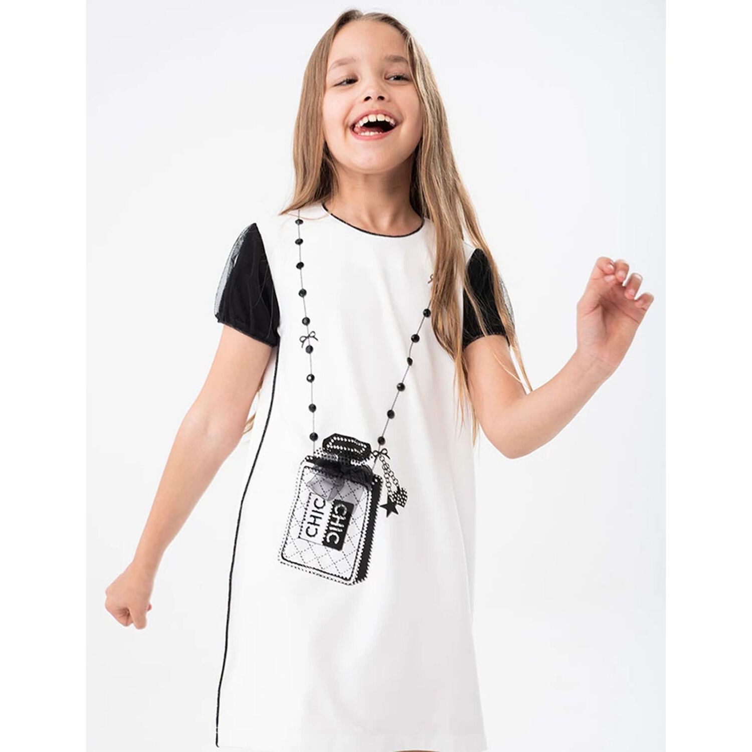 Girls White & Black Bag Dress, 1, hi-res