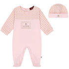 Girls Pink, Ivory & Gold Logo Babygrow & Hat Set, 2, hi-res