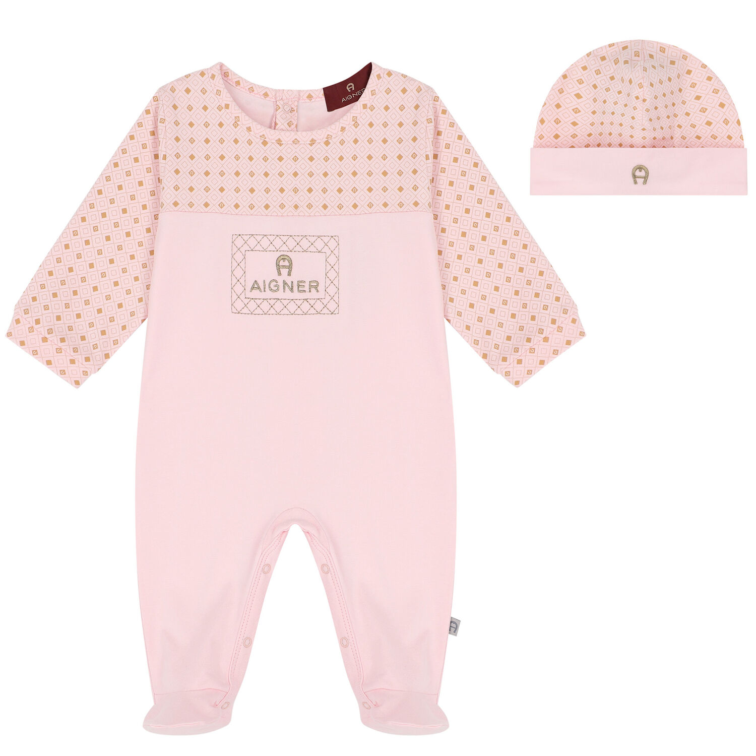 Girls Pink, Ivory & Gold Logo Babygrow & Hat Set, 2, hi-res