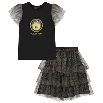 Girls Black & Gold Logo Tulle Skirt Set