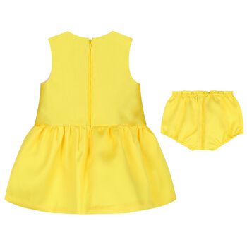 طقم بنات فستان ستان بفيونكة باللون الأصفر