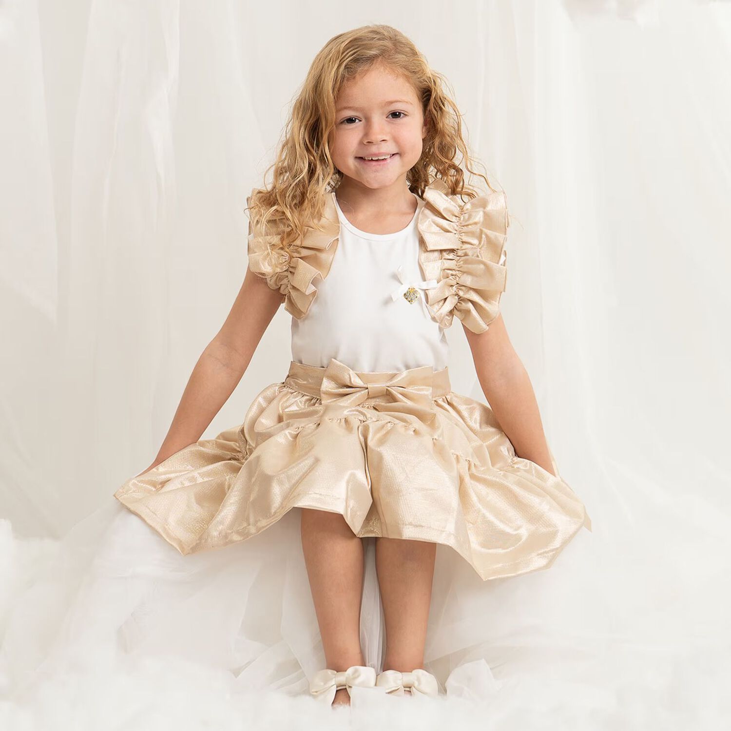 Girls White & Gold Ruffle Skirt Set, 1, hi-res