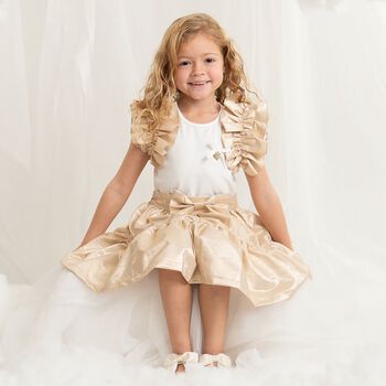 Girls White & Gold Ruffle Skirt Set