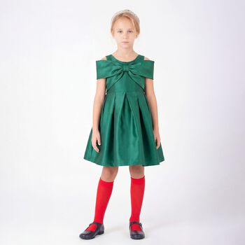 Girls Green Shoulder Bow Dress