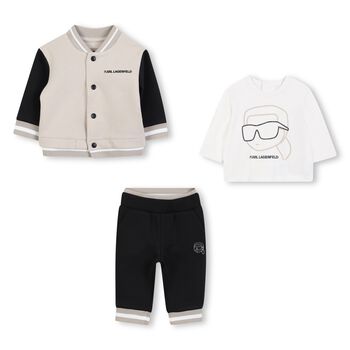 Younger Boys Beige & White Logo Tracksuit Set ( 3 Piece )
