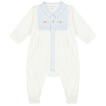 Baby Boys Ivory & Blue Embroidered Babygrow