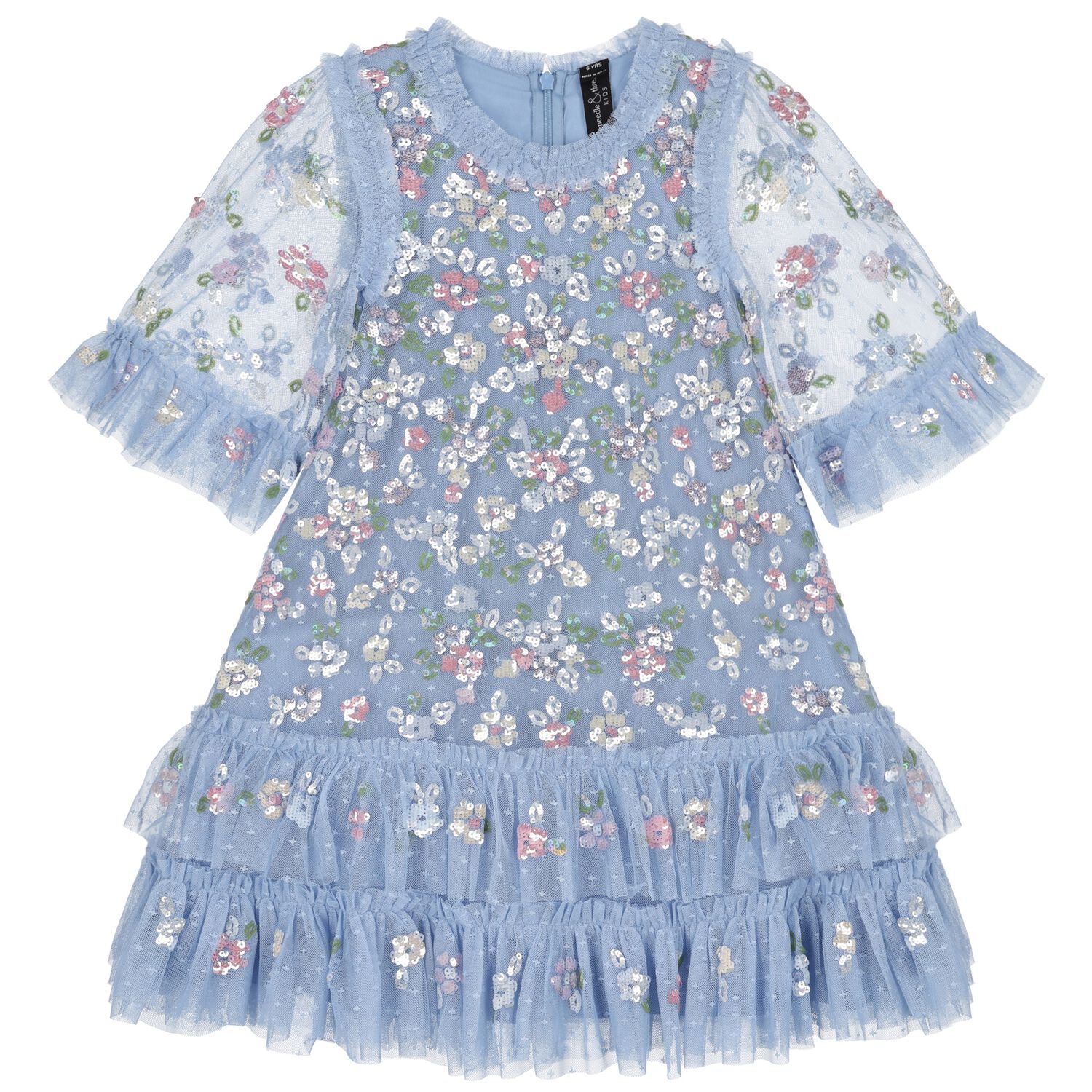 Girls Blue Floral Tulle & Sequin Dress, 1, hi-res image number null