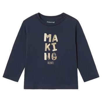 Younger Boys Navy Blue Slogan Long Sleeve Top