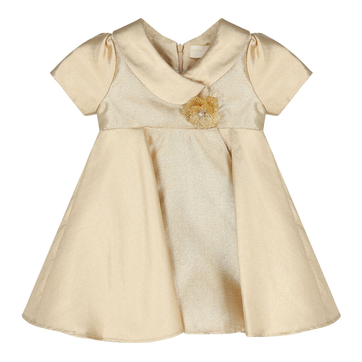 Baby Girls Gold Flower Satin Dress, 1, hi-res
