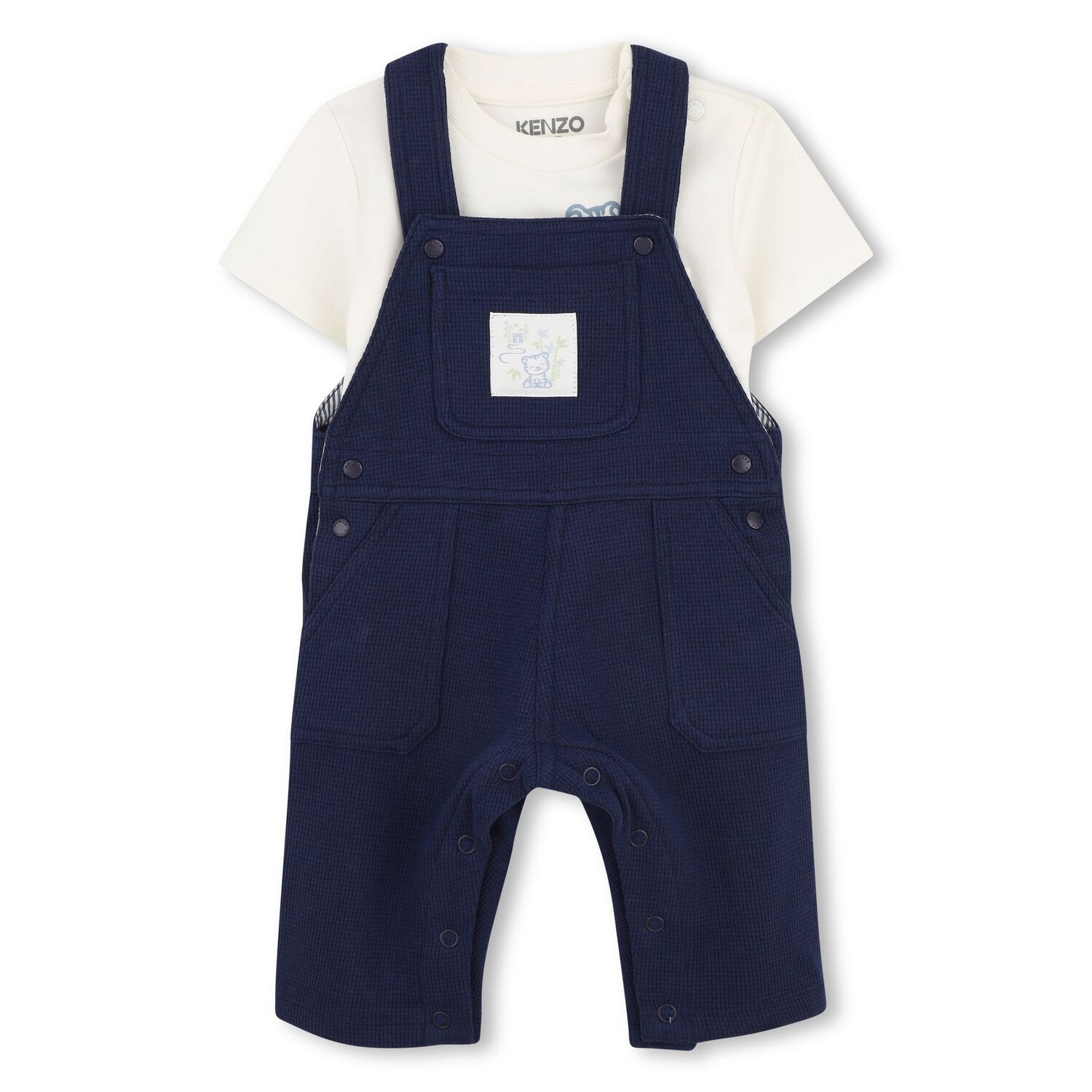 Baby Boys Ivory & Navy Blue Dungaree Set, 1, hi-res
