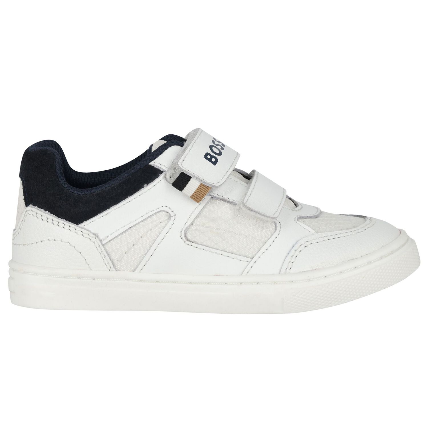 Boys White & Navy Blue Logo Trainers, 2, hi-res