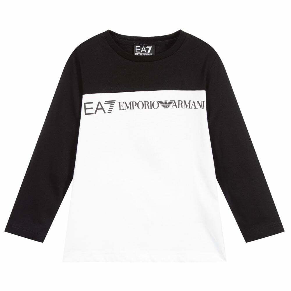 EA7 Emporio Armani Boys Black White Logo Long Sleeve Top Junior Couture QA