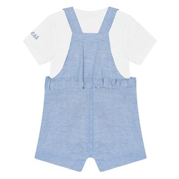 Baby Boys White & Blue Cotton Dungaree Set