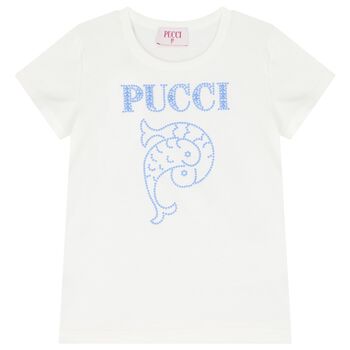 Girls Ivory Cotton Embellished Logo T-Shirt