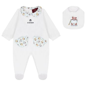 Baby Boys White & Blue Teddy Bear Logo Babygrow Gift Set