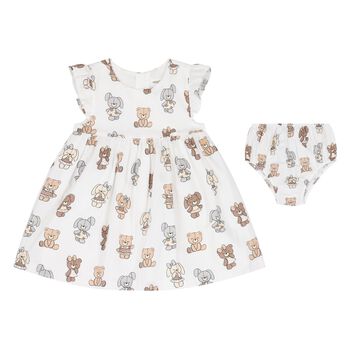 Baby Girls White Teddy Bear Dress Set