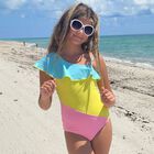 Girls Blue, Yellow & Pink Ruffle Swimsuit, 1, hi-res