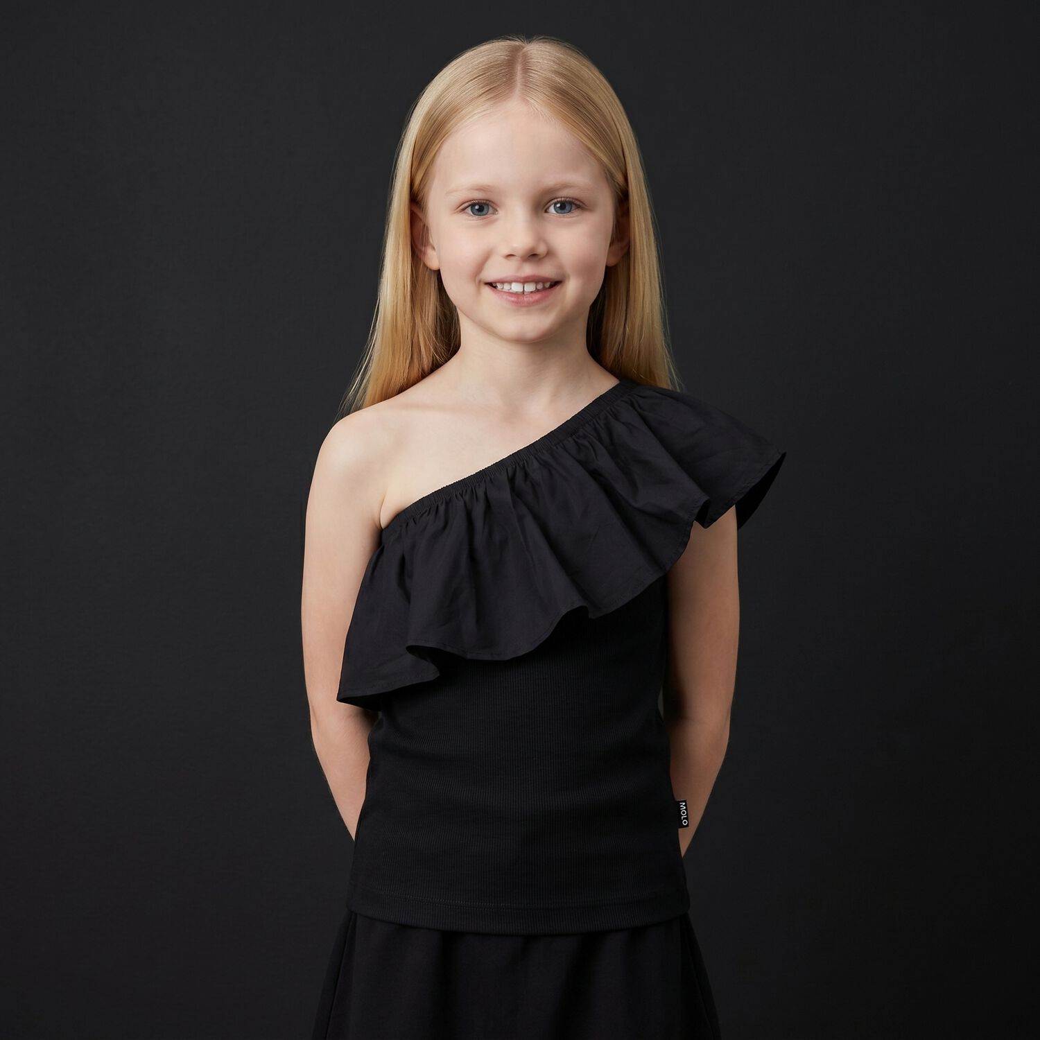 Girls Black One Shoulder Top, 1, hi-res