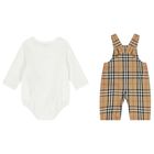 Baby Boys White & Beige Check Dungaree Set, 1, hi-res