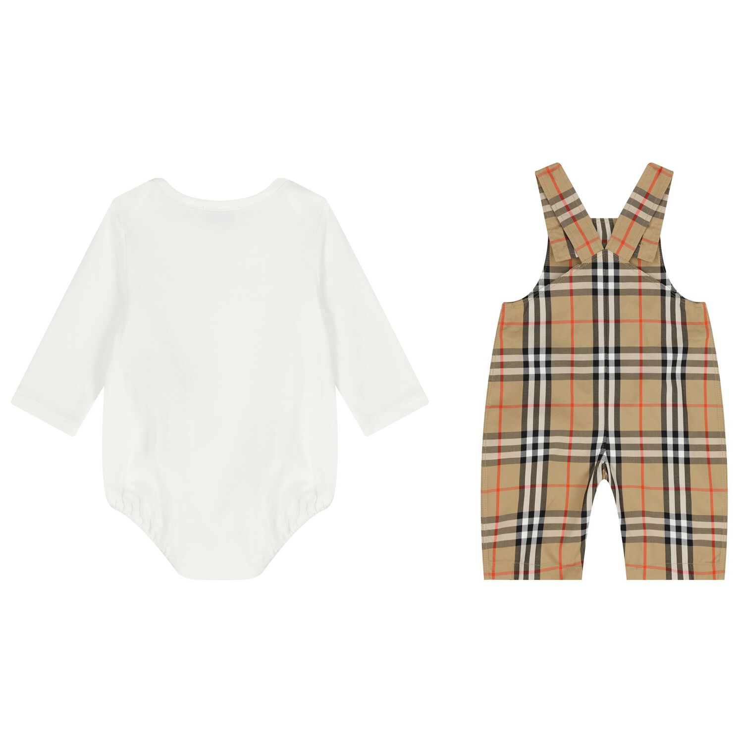 Baby Boys White & Beige Check Dungaree Set, 1, hi-res