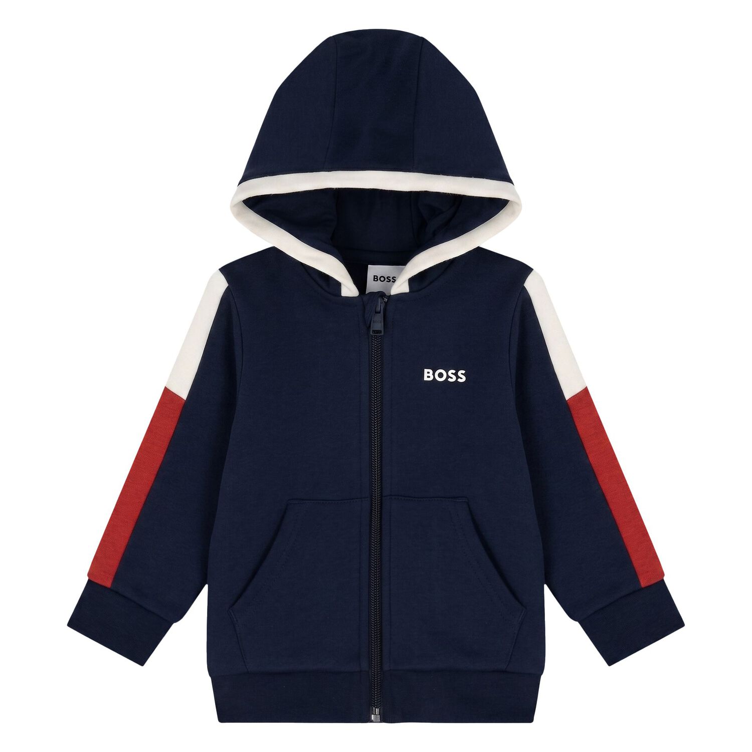 Younger Boys Navy Blue Hooded Zip Up Top, 3, hi-res