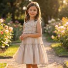 Girls Gold Poplin Ruffle Dress, 1, hi-res