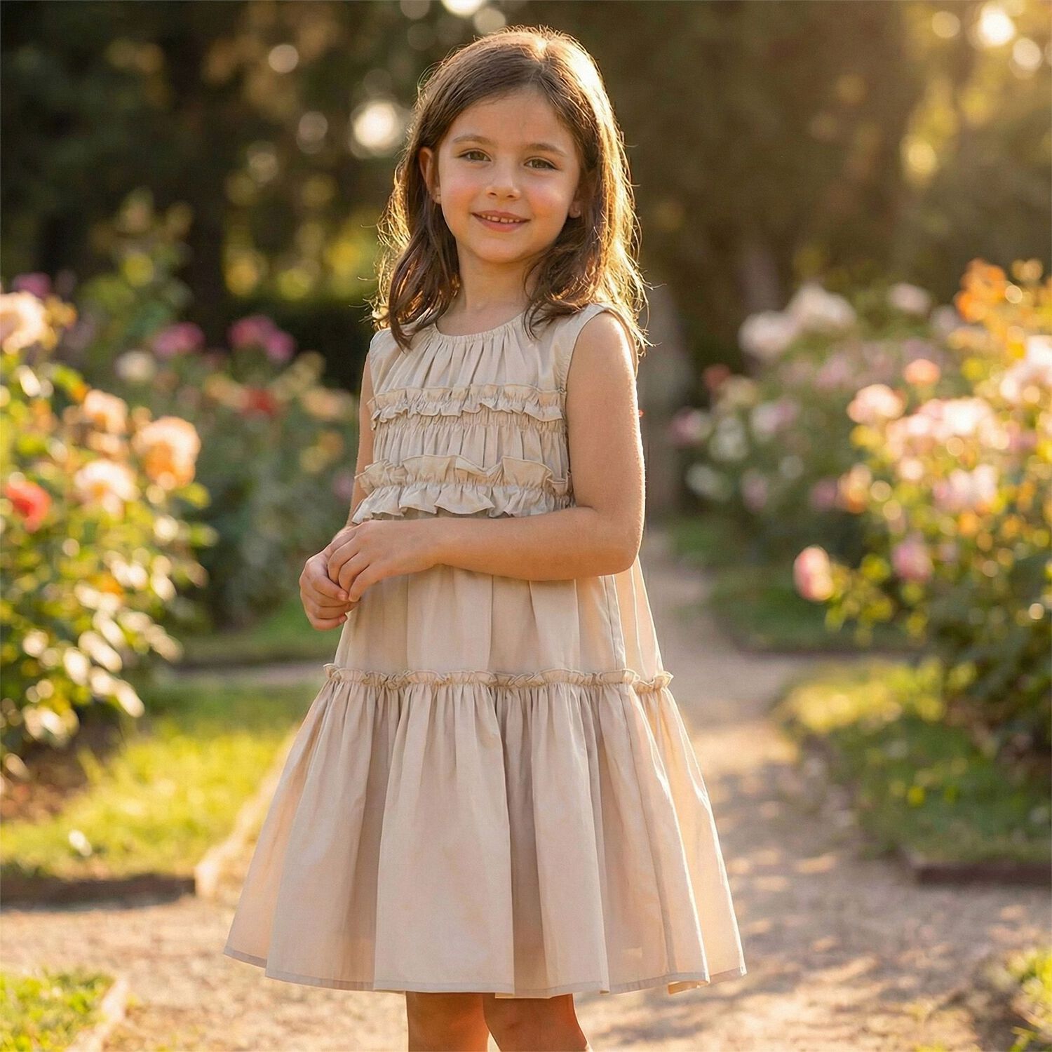 Girls Gold Poplin Ruffle Dress, 1, hi-res