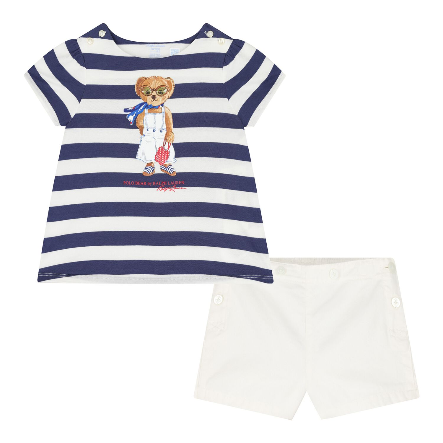 Baby Girls Navy Blue & White Striped Shorts Set, 1, hi-res