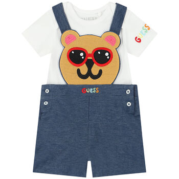 White & Blue Teddy Bear Dungaree Set